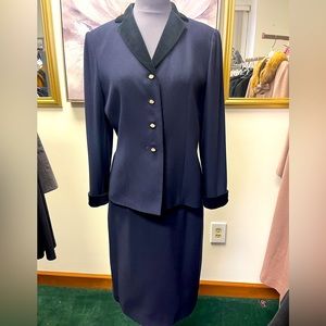 Vintage KASPER A.S.L Career Skirt Suit Size 14P Navy Black Velvet Collar
